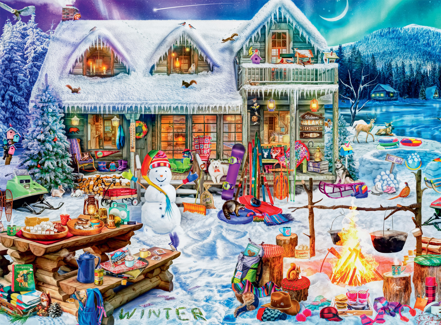 Buffalo Games - Puzzle 1000 Pezzi Winterland Fun Di Aimee Stewart - Paesaggio Invernale Con Lago E Aurora Boreale, Dimensioni 67,9x50,2 Cm