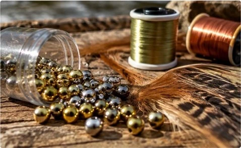 Brass and tungsten beads with fly tying threads and feathers