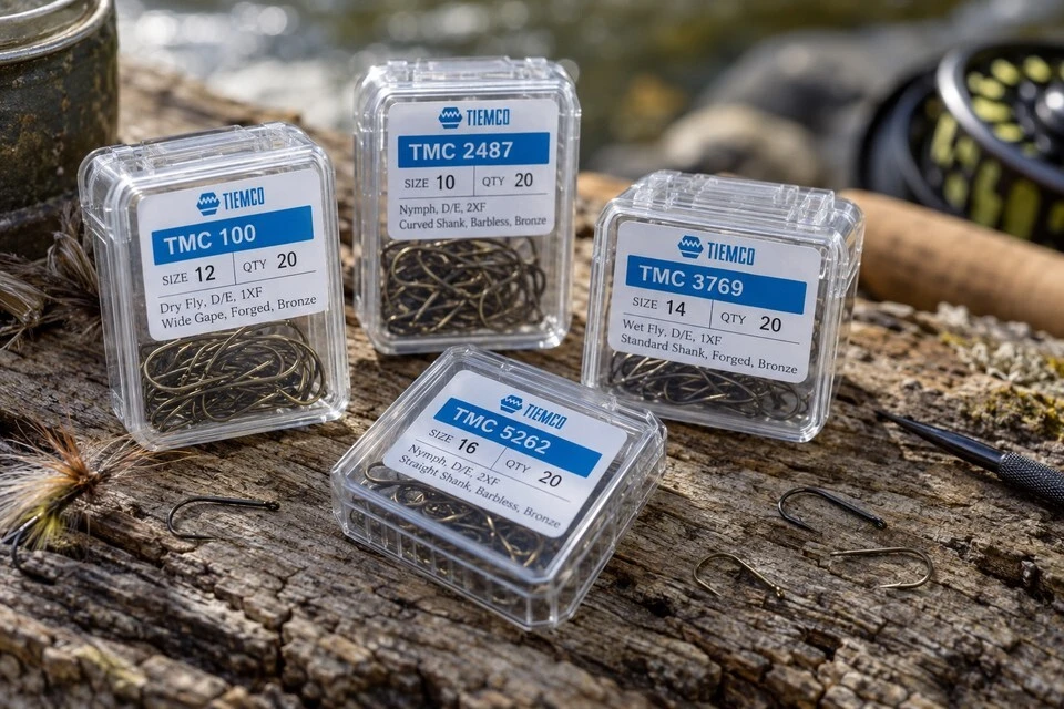 Tiemco fly hook boxes on a wooden fishing setting