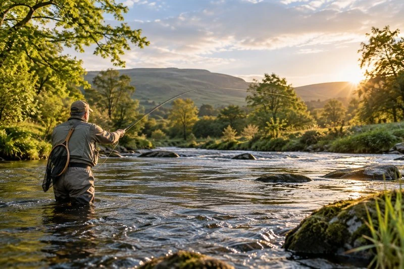 Angler fly fishing on a scenic river