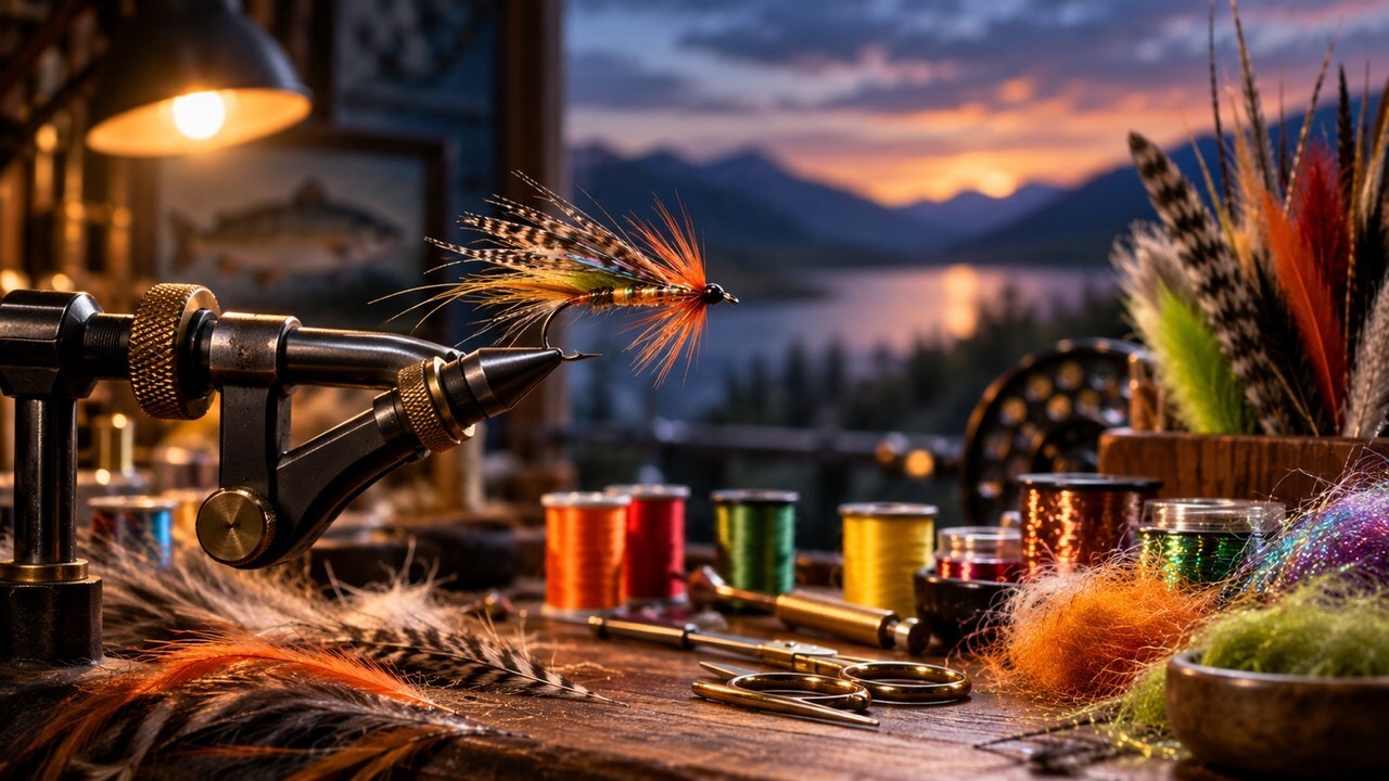 Fly tying bench with colourful materials and finished fly
