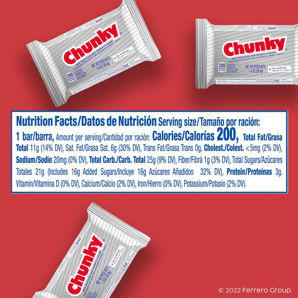 Chunky, Bulk 24 Pack, Milk Chocolate with Peanuts and Raisins Individually Wrapped Candy Bars, 33.6 Oz