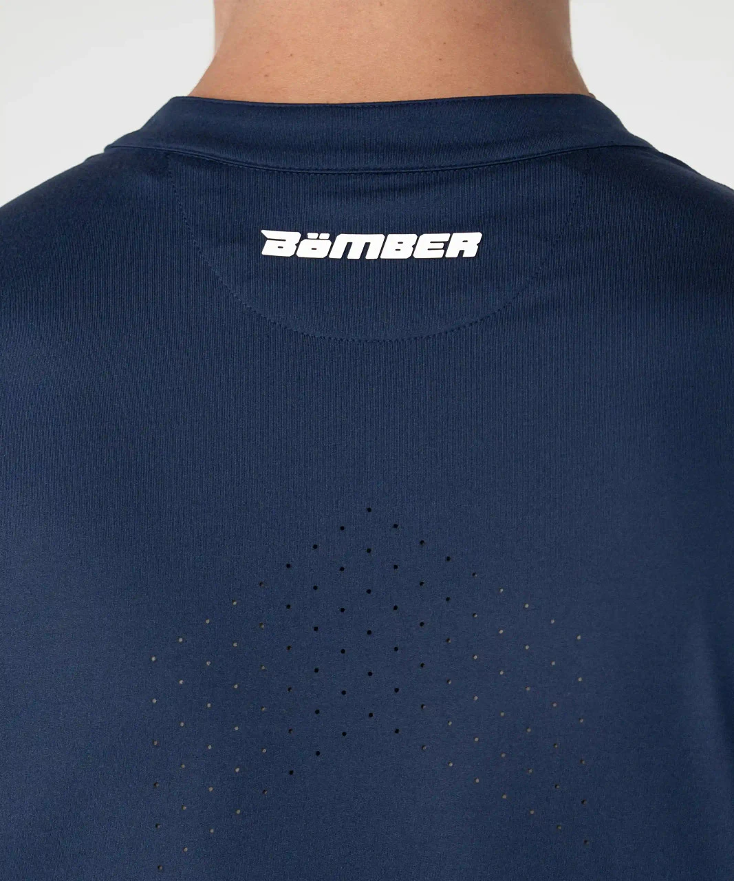Core MB Polo navy back neck logo detail, close-up view
