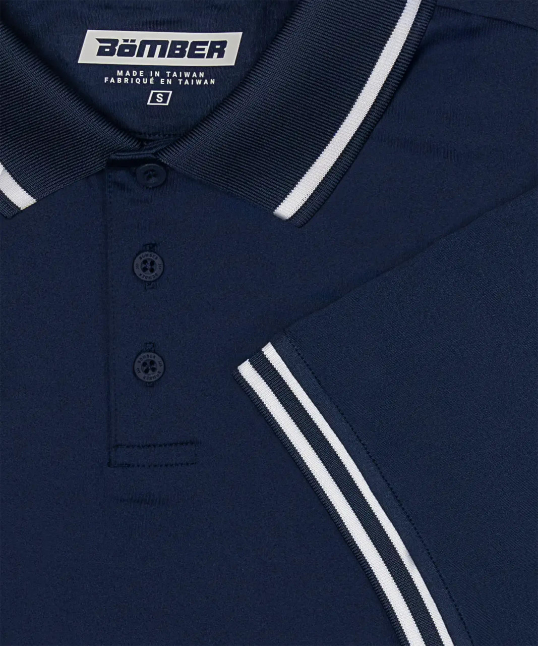 Acropolis Polo navy collar and placket detail, close-up view
