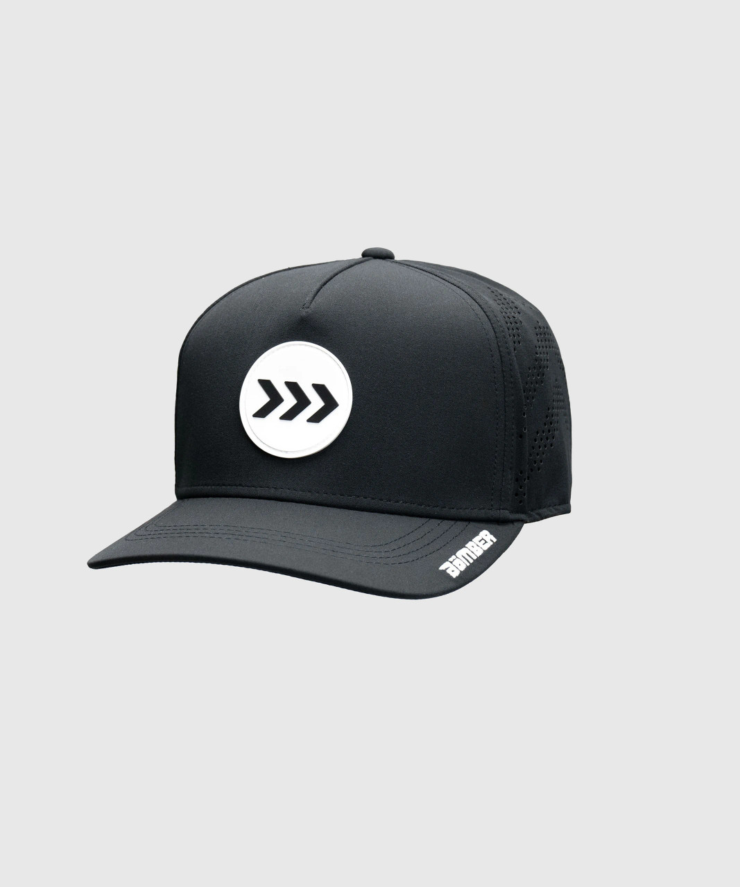 Men’s black performance snapback hat with mesh back panels