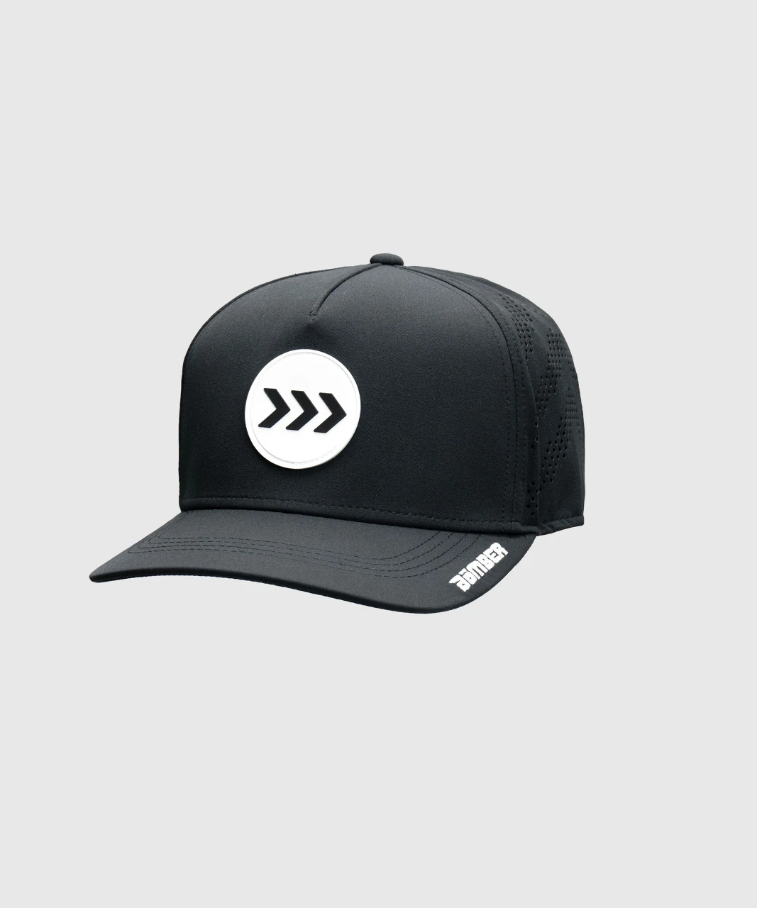 Impact Snapback, men's black performance mesh-back snapback hat, angled front view