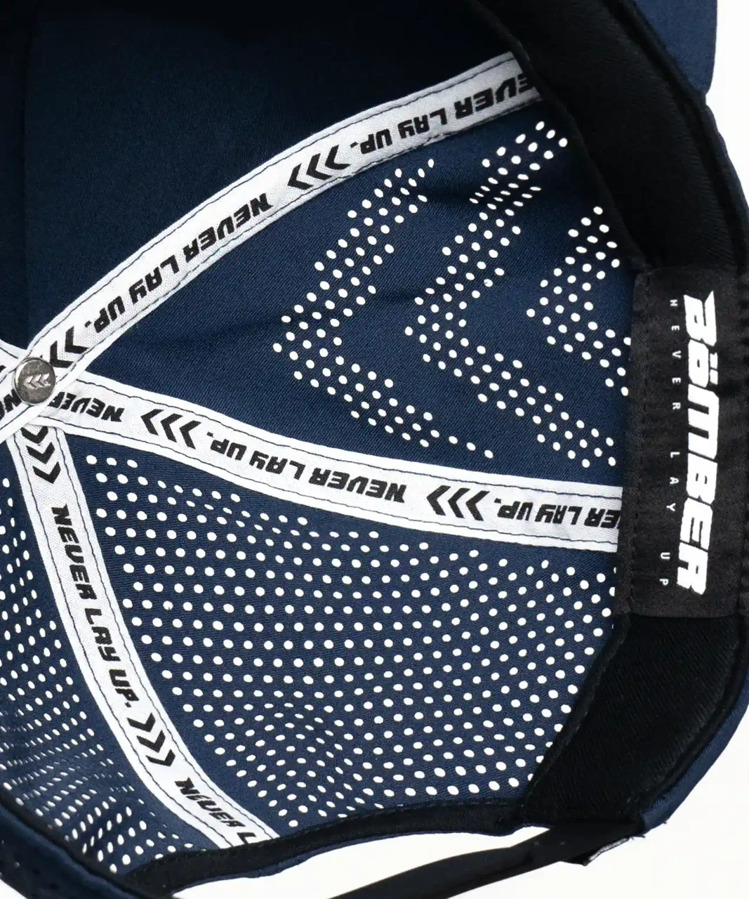 Interior view of navy snapback hat with breathable mesh and sweatband Navy