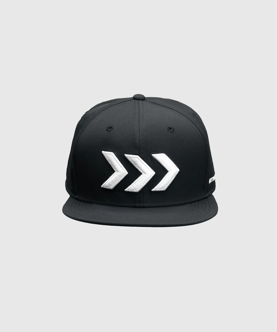 Black flat-brim snapback hat with embroidered arrow logo
