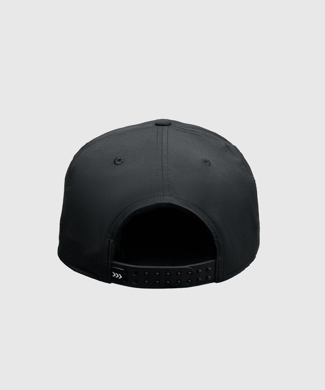Back view of black snapback hat with adjustable closure