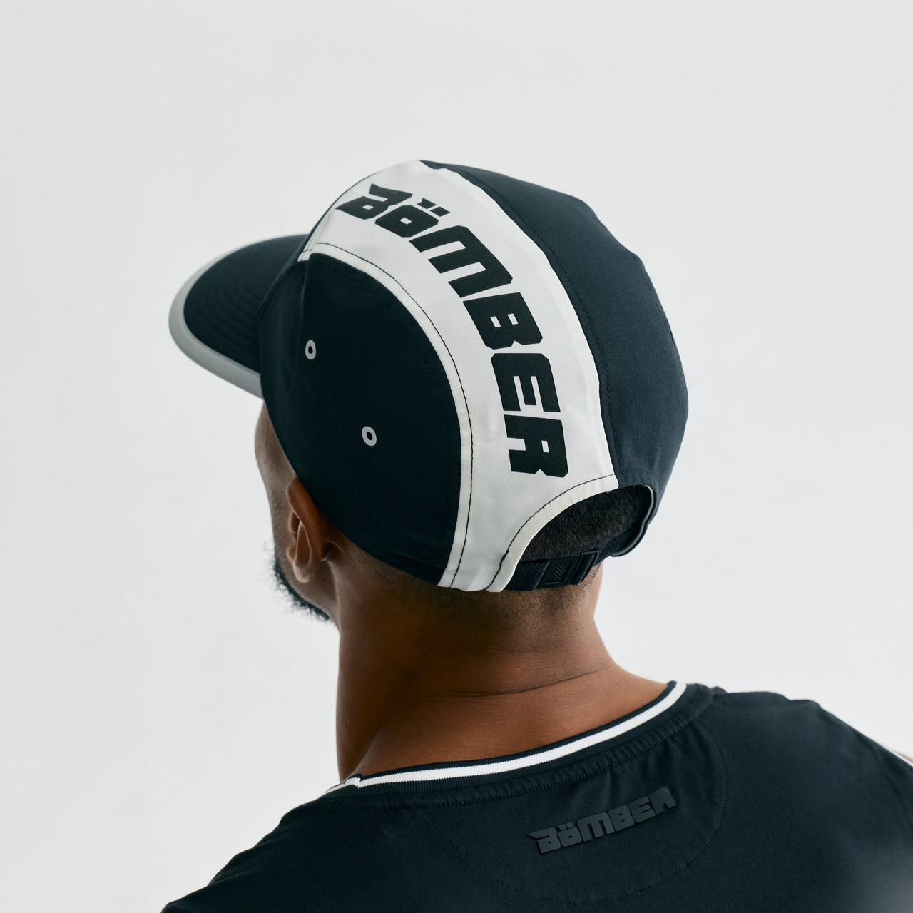 Trek Hat, unisex black and white hat, close-up back closure detail