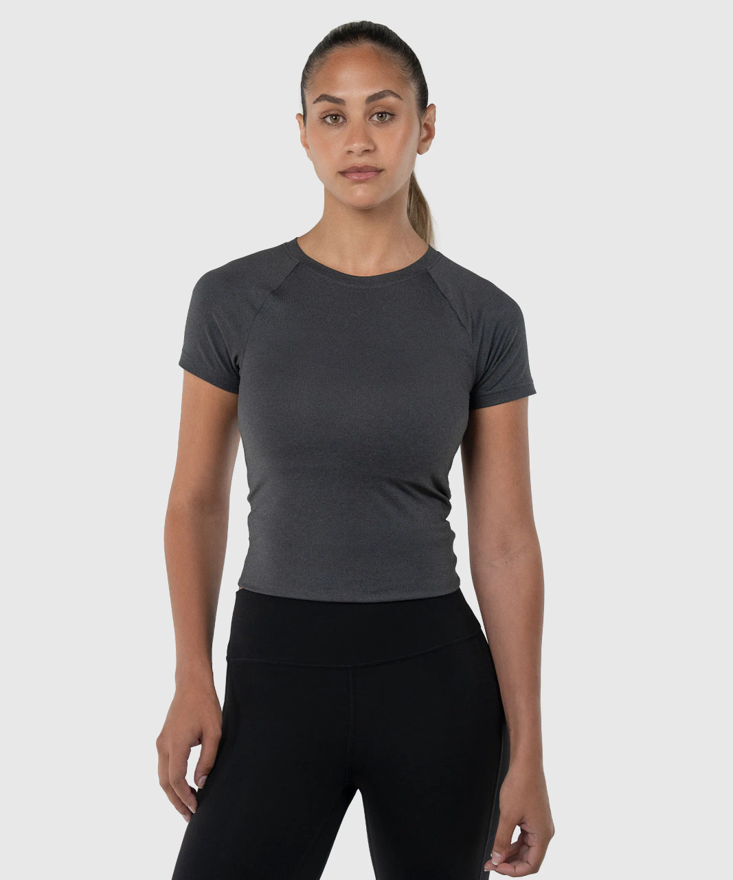 T-shirt de sport pour femme Launch, noir chiné – vue de face