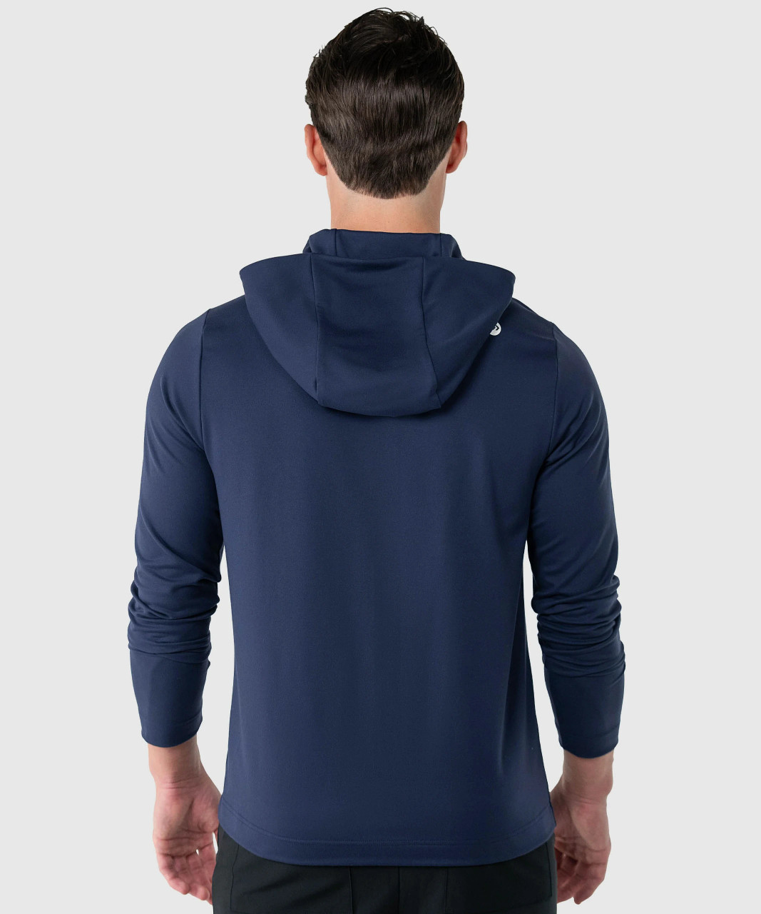 Back view of men’s navy moisture-wicking performance hoodie