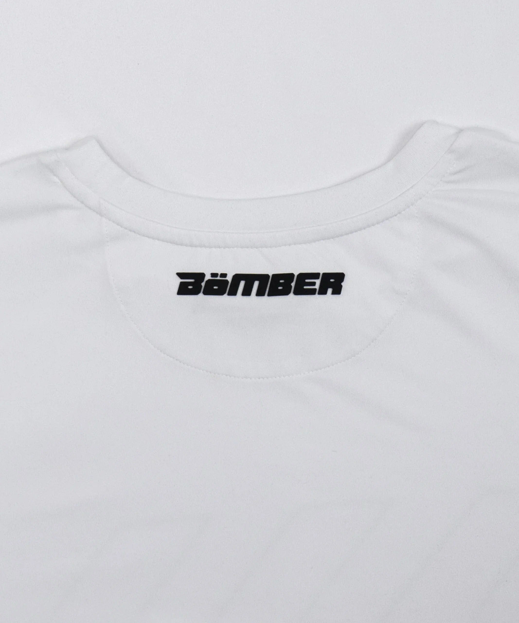 Silicone logo detail at back yoke of unisex Surge T-Shirt in white