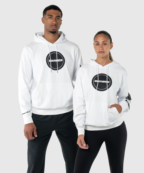 Men’s and women’s white performance hoodies with soft stretch fabric