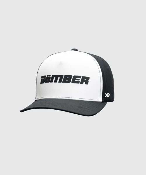 Method Snapback, men's black and white performance mesh-back snapback hat, angled front view