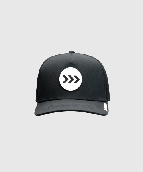 Impact Snapback, men's black performance mesh-back snapback hat, front view