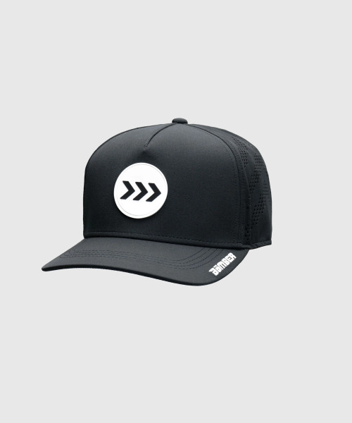 Impact Snapback, men's black performance mesh-back snapback hat, angled front view