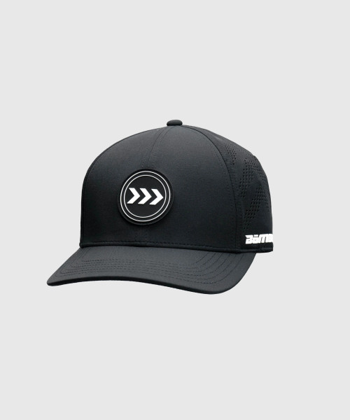 Flash Snapback, men's black performance snapback hat, angled front view