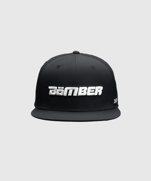 Black flat-brim snapback hat with embroidered logo
