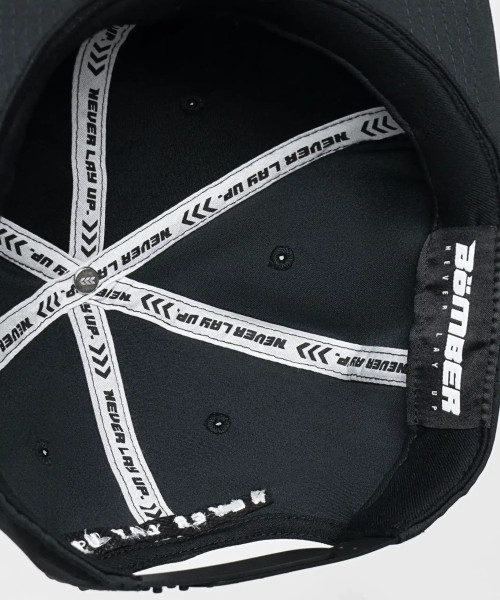 Interior view of snapback hat with sweat-wicking band