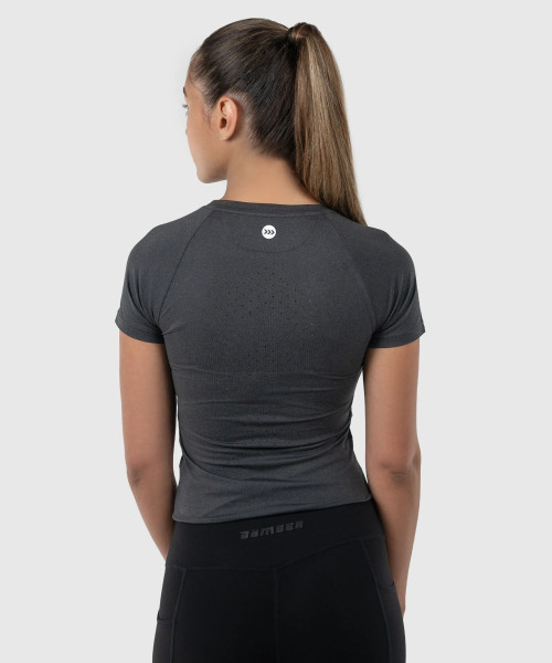 T-shirt de sport pour femme Launch, noir chiné – vue de dos