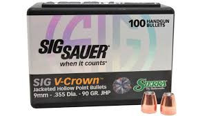 Sierra Sig Sauer V-Crown Bullets 9mm (355 Diameter) 90 Grain Jacketed Hollow Point Box of 100 9990