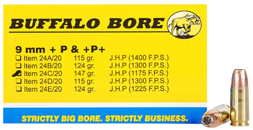 Buffalo Bore Ammunition Personal Defense, Bba 24c/20    9mm +p+     147 Jhp            20/12