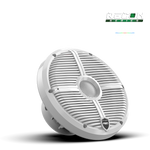 Close-up of RECON 8 XW-White speaker showing composite cone and aluminum tweeter