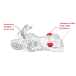 2D installation diagram of Wet Sounds Harley-Davidson saddlebag audio kit showing speaker positioning and mounting inside factory saddlebags.