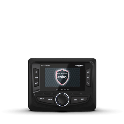 Wet Sounds WS-ZX-MC-20 marine media receiver front panel with Bluetooth, AM/FM radio, and 3-zone audio control