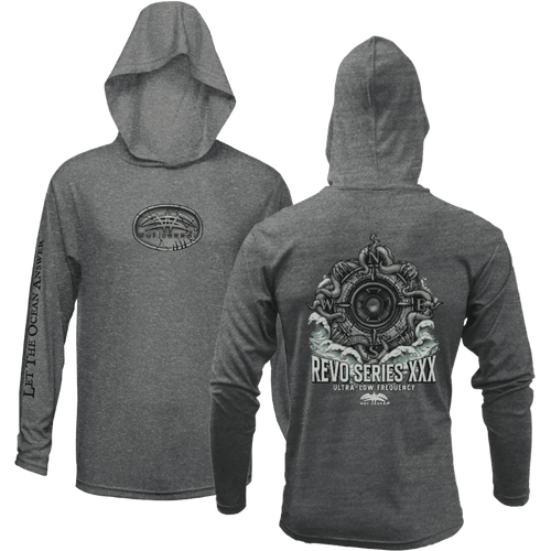 Wet Sounds gray UPF 50+ performance fishing hoodie showing front and back graphic designs