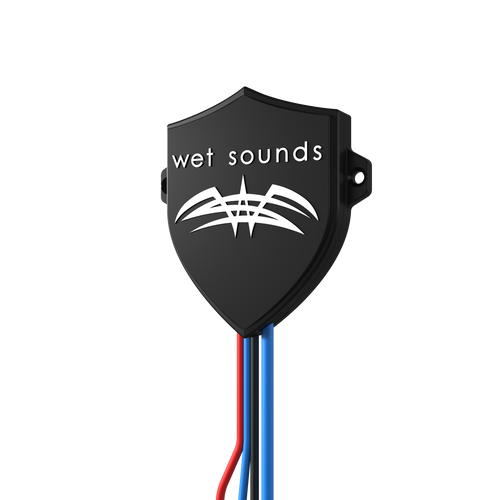 Close-up of Wet Sounds Bluetooth receiver showing LED indicator lights for pairing and amp status