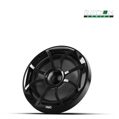 Close-up of RECON 6 speaker featuring XS-Black grille and aluminum dome tweeter