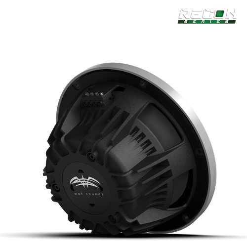 Close-up of RECON 10 FA subwoofer with composite cone and silver grille detail