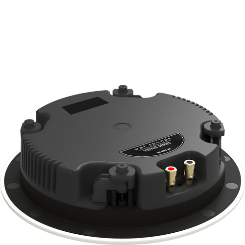 Shallow mount ceiling speaker installed in covered patio for outdoor sound