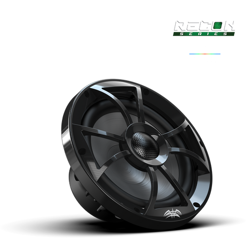Close-up of RECON 8 XS-Black speaker showing composite cone and aluminum tweeter