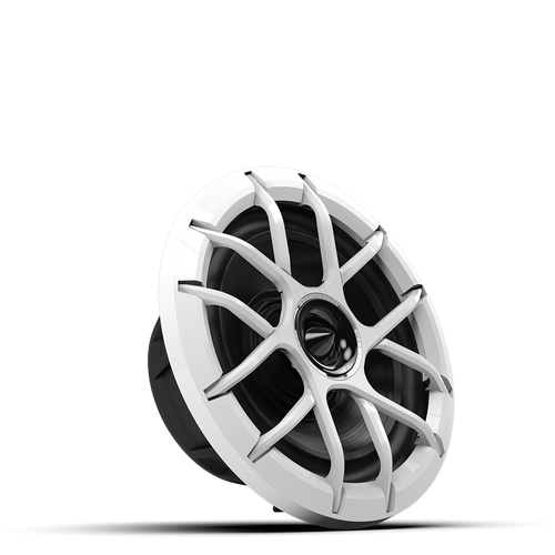 Close up of ZERO 8 white speaker with composite cone and horn tweeter