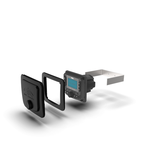 Close-up of WS-MC-2/5-FMK flush mount kit with WS-MC-2 media controller, highlighting seamless flush installation and modern powersports dashboard design