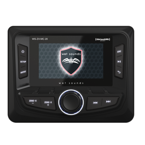 Wet Sounds WS-ZX-MC-20 marine stereo angled front view highlighting 3-zone control and TFT display - Front Perspective