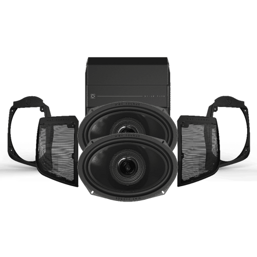 Wet Sounds Harley-Davidson saddlebag speaker kit with rear motorcycle speakers, amplifier, wiring harness, and mounting hardware for touring models.