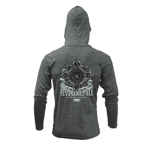 Back view of Wet Sounds gray performance fishing hoodie with REVO XXX inspired graphic artwork