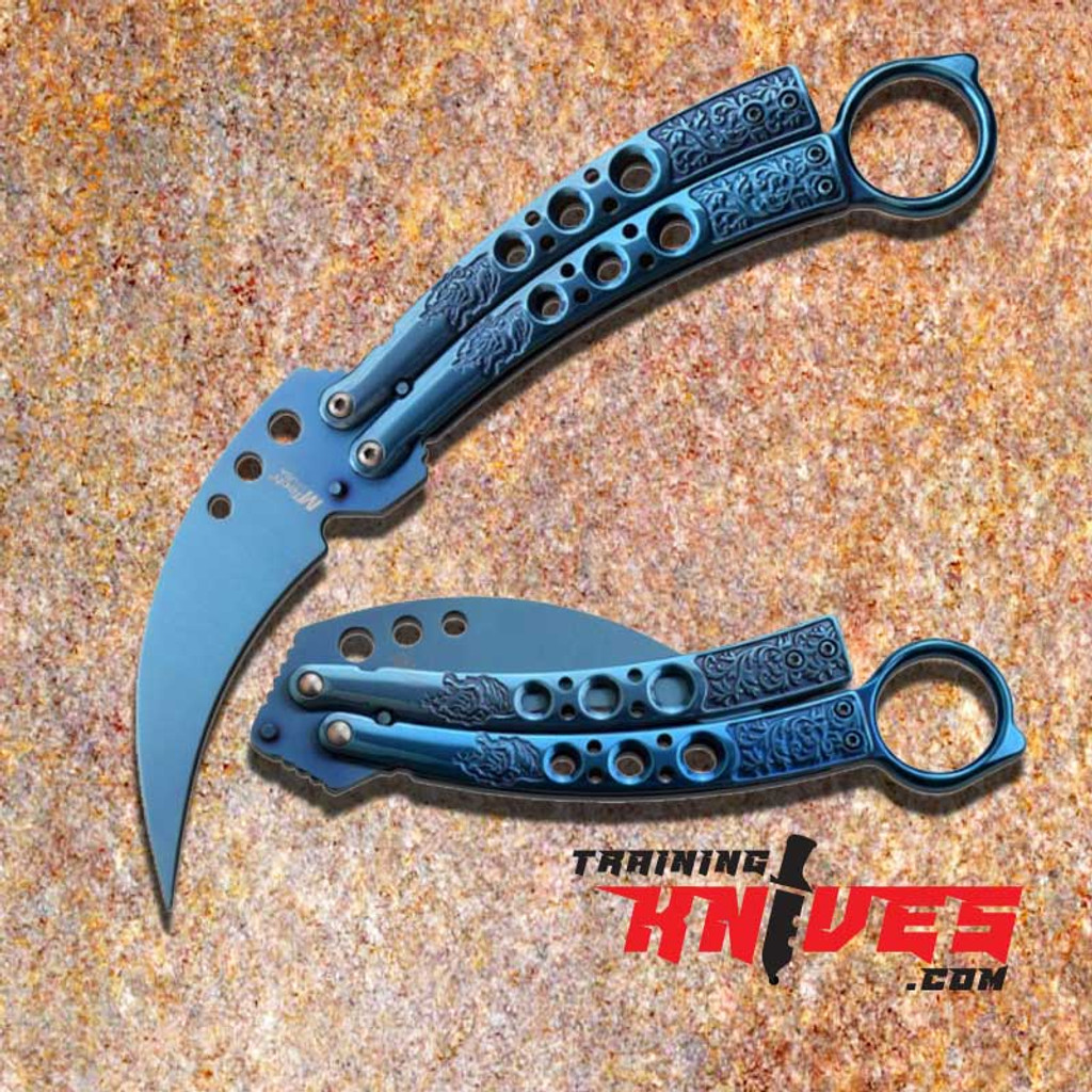MTechUSA Blue Hawkbill Tiger Etched Blade Butterfly Balisong