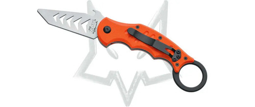 Fox Dart Satin 420C Orange G10 Karambit Trainer side profile showing curved trainer blade, pocket clip, and ergonomic handle