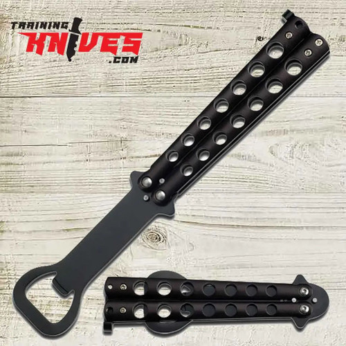 The Bartender Bottle Opener Butterfly Practice Knife shown open with black trainer blade and bottle opener feature visible with the closed version next to it.