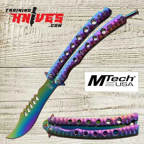 MTechUSA Rainbow Curved Tinite Blade Spring Loaded Balisong Trainer shown open with curved rainbow Tinite coated trainer blade and stainless steel handles with the closed trainer showing next to it.