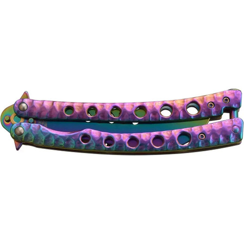 MTechUSA Rainbow Curved Tinite Blade Spring Loaded Balisong Trainer shown closed with rainbow Tinite stainless steel handles and latch visible