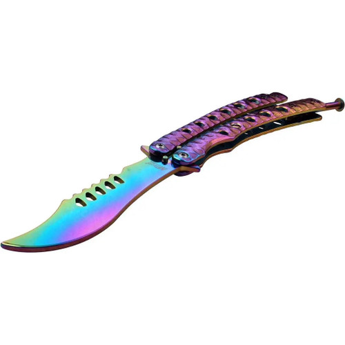 MTechUSA Rainbow Curved Tinite Blade Spring Loaded Balisong Trainer curved rainbow trainer blade with stainless steel handles displayed open