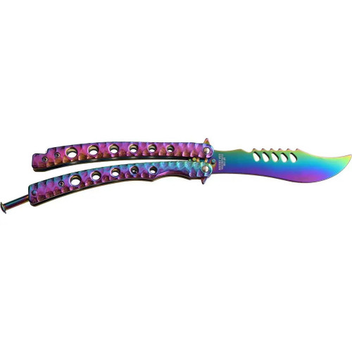 MTechUSA Rainbow Curved Tinite Blade Spring Loaded Balisong Trainer curved rainbow trainer blade with stainless steel handles and latch displayed open