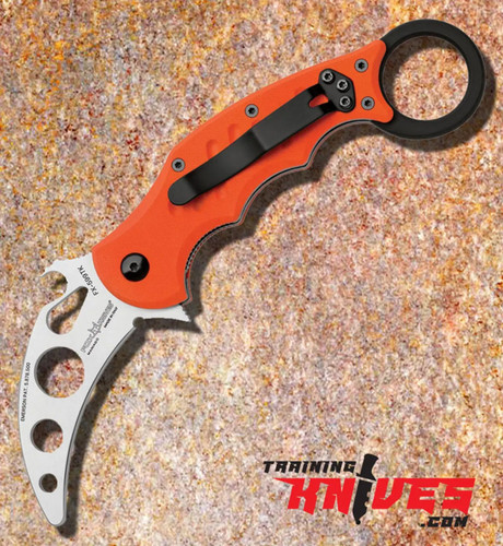 Fox Satin N690 Orange G10 Handle Karambit Trainer shown open with satin finish blade and orange G10 handle visible