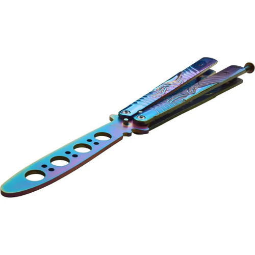MTechUSA Rainbow Spider Tinite Spring Loaded Butterfly Trainer shown open highlighting spider web handle design and rainbow tinite blade